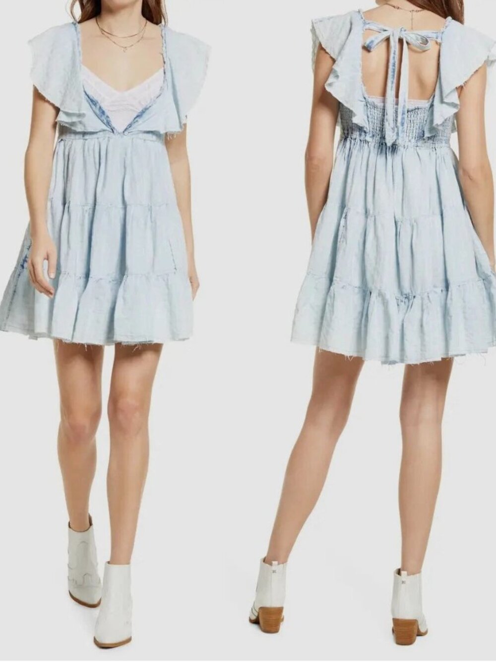 NWT FREE PEOPLE Undone Mini Dress Sea Spray Wash Tiered Smocked LARGE